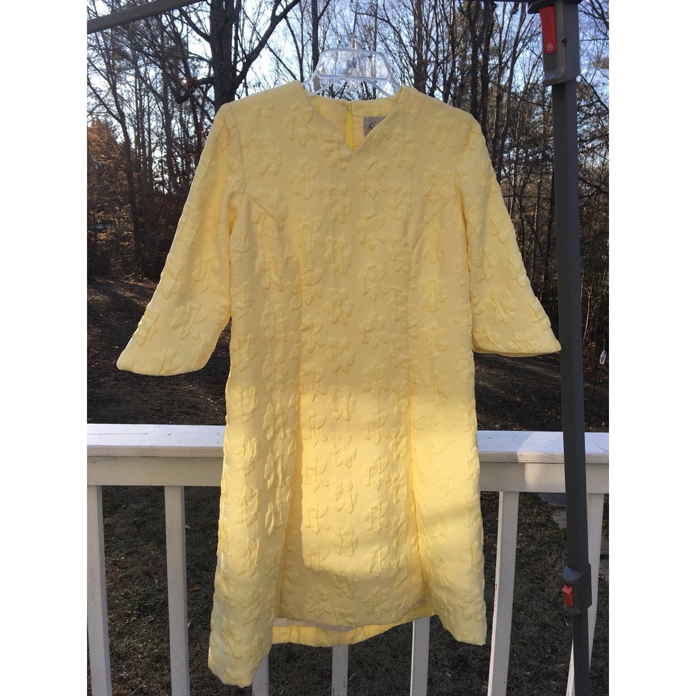 Vintage Asian K Lee Kim Custom Dress Womens Medium Large Yellow Jacquard Flowers